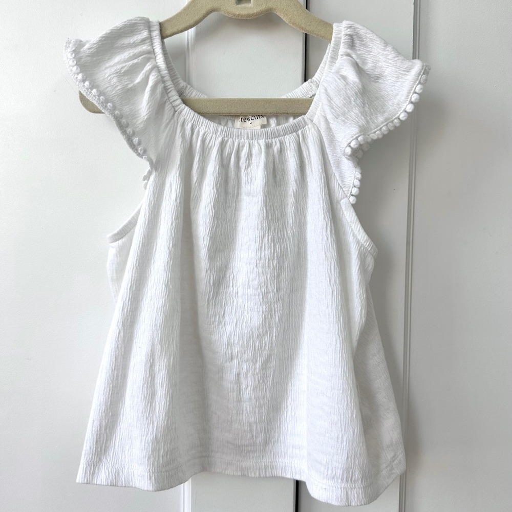 Crewcuts Girls' flutter tank top White Pom Pom Spring Easter Size M 8-9 CJ542